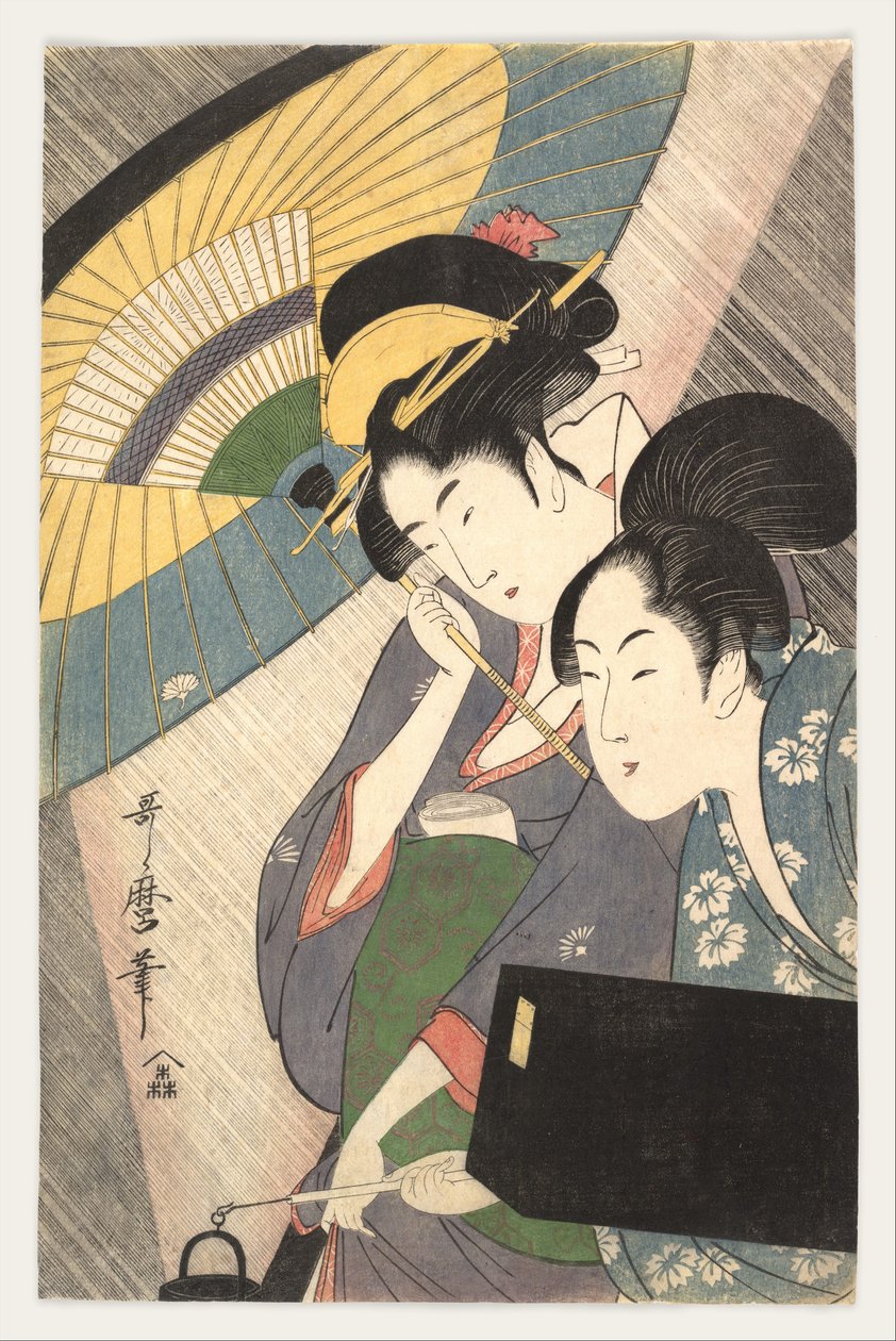 Geisha en haar begeleidster op een regenachtige nacht door Kitagawa Utamaro