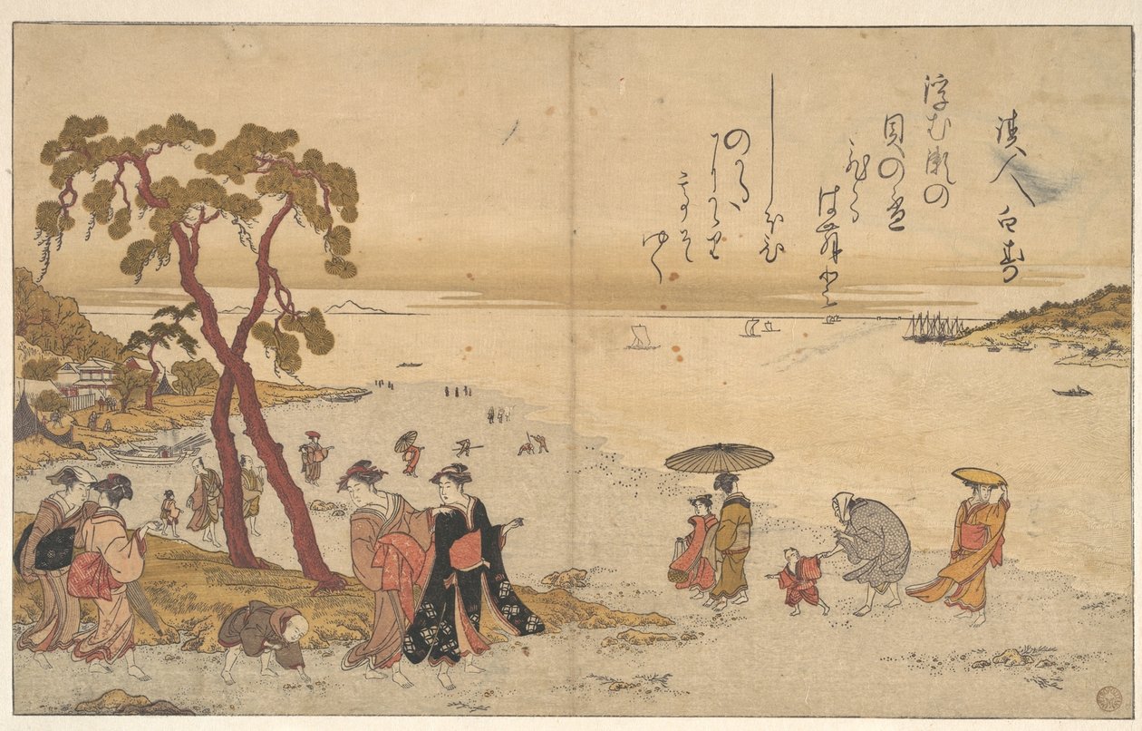 Meisjes die schelpen verzamelen aan de kust door Kitagawa Utamaro