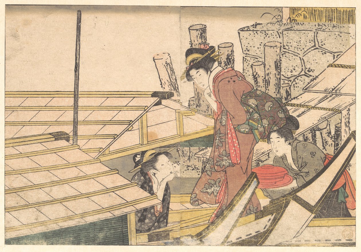 Meisjes die aan boord van een boot gaan, uit het prentenboek *Bloemen van de vier seizoenen* door Kitagawa Utamaro