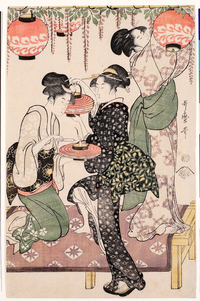 Theehuismeisjes onder een blauwe regen door Kitagawa Utamaro