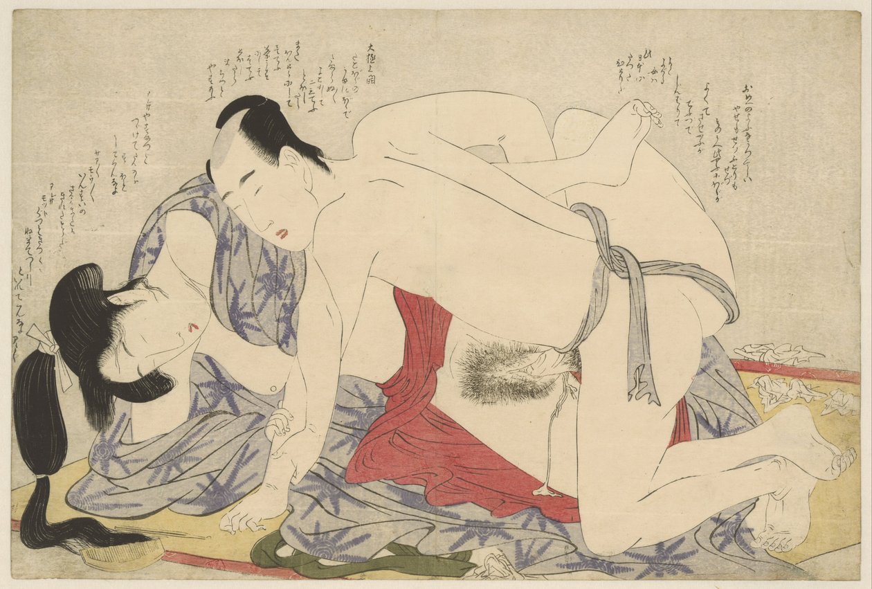 Jong getrouwd stel, de liefde bedrijvend op een zomerslaapmat door Kitagawa Utamaro