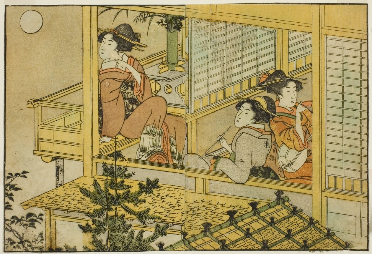 Maan-kijkfeest, uit het geïllustreerde boek "Prentenboek: Bloemen van de Vier Seizoenen (Ehon shiki no hana)," deel 2 door Kitagawa Utamaro