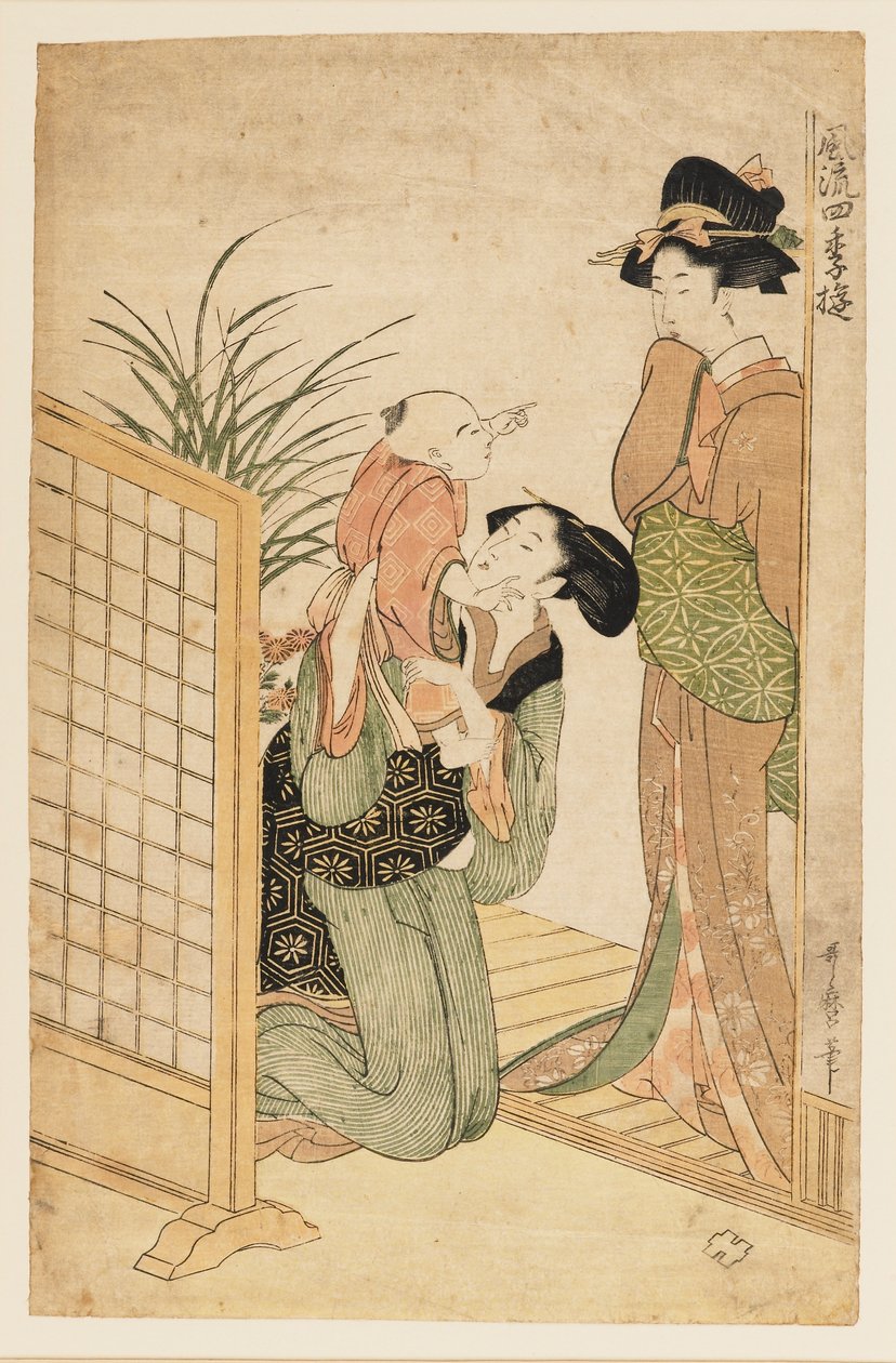 Moeder, kind en verpleegster door Kitagawa Utamaro