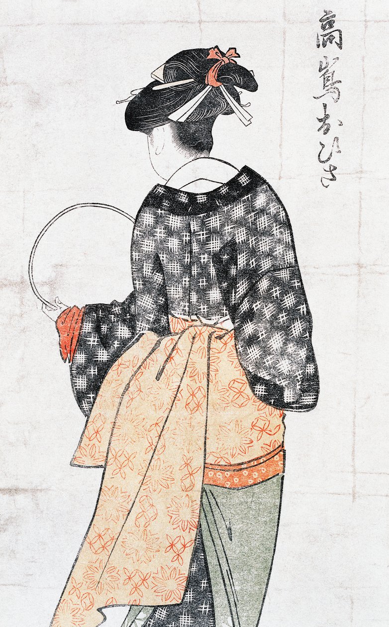 Ohisa van Takashima theehuis, vrouw in kimono met waaier, ukiyo-e kunstdruk door Kitagawa Utamaro (1753-1806), houtsnede, Japanse beschaving, Edo-periode door Kitagawa Utamaro