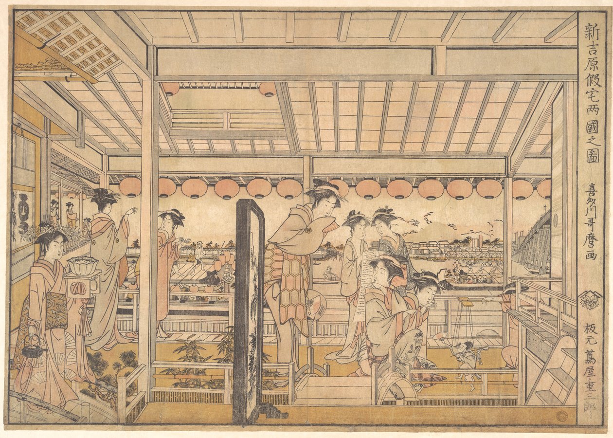 Afbeelding van de tijdelijke onderkomens in de nieuwe Yoshiwara-rossewijk in Ryōgoku  (Shin Yoshiwara Karitaku Ryogoku no zu) door Kitagawa Utamaro