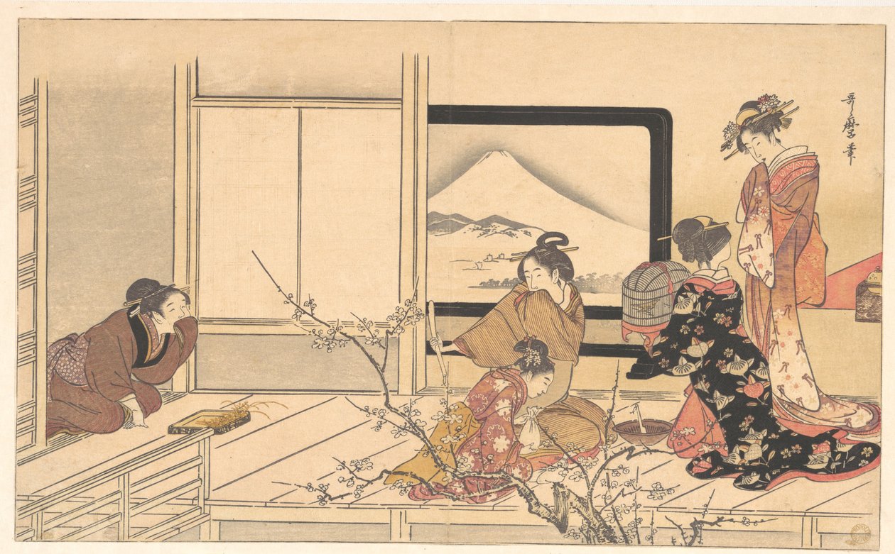 „Voedsel bereiden voor de zanger“, uit het album Mannendans met stempels (Otoko dōka, uguisu no esa suri) door Kitagawa Utamaro