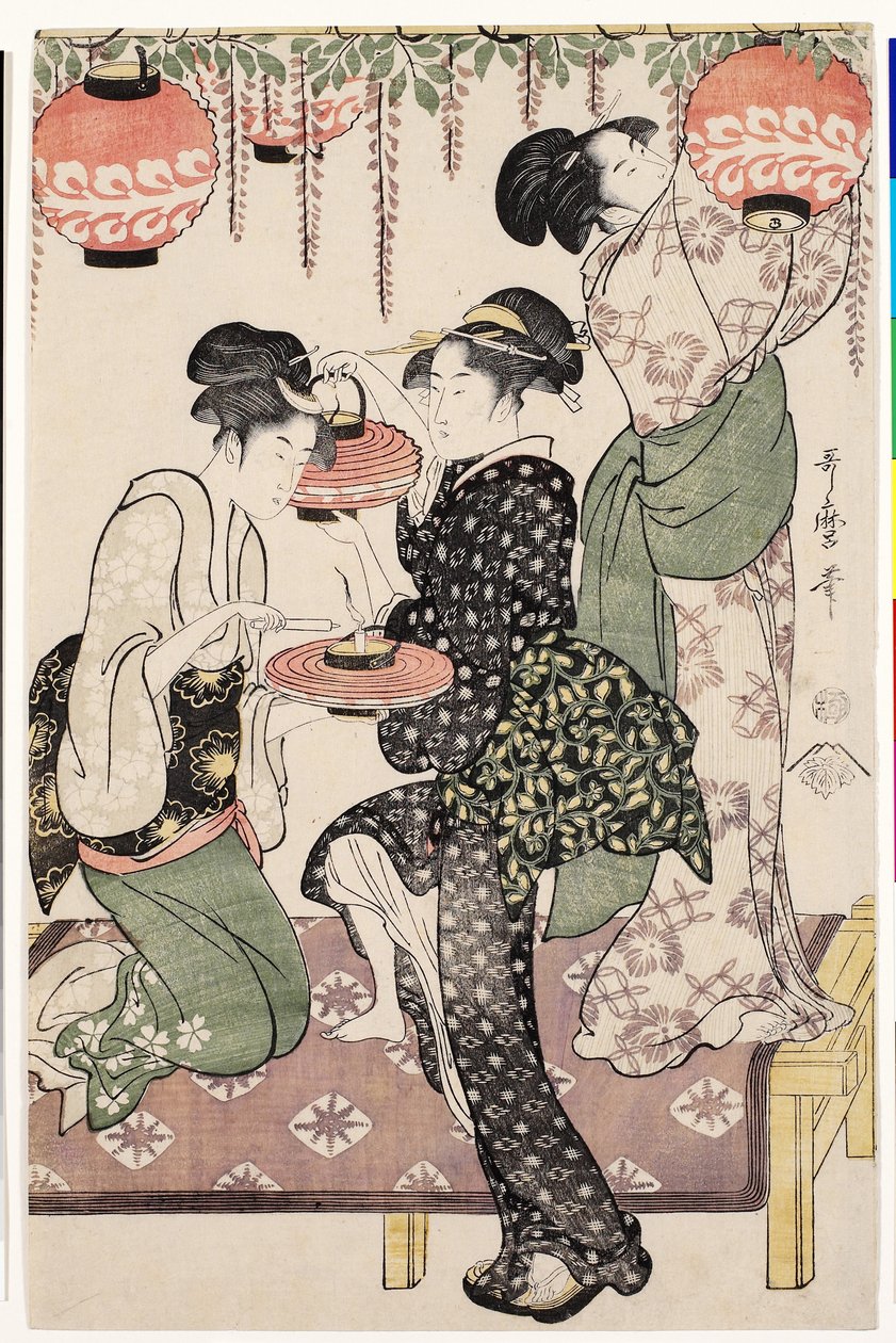 Theehuismeisjes onder een wisteria espalier door Kitagawa Utamaro