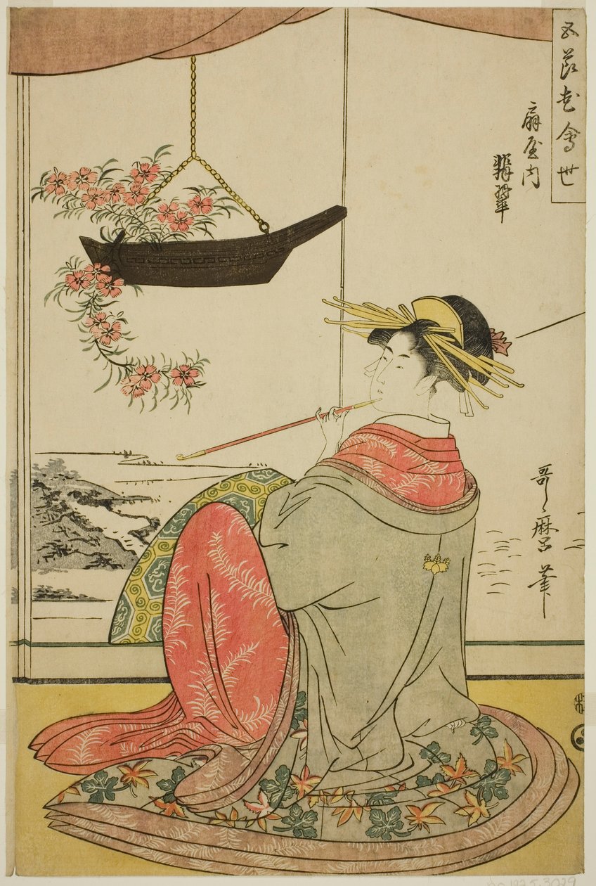 De courtisane Hisui van het Fan House, uit de serie De vijf festivals bloemenwedstrijd door Kitagawa Utamaro