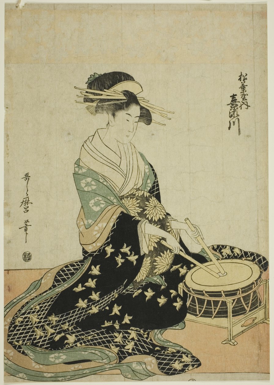 De courtisane Kisegawa van de Matsubaya, uit een ongetitelde serie courtisanes van de Matsubaya als vijf muzikanten door Kitagawa Utamaro