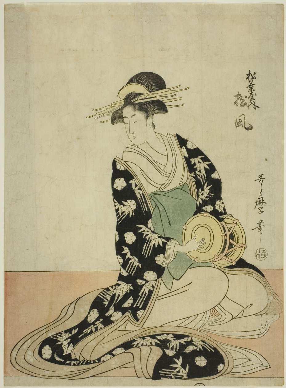 De Courtisane Matsukaze van de Matsubaya, uit een ongetitelde serie courtisanes van de Matsubaya als vijf muzikanten door Kitagawa Utamaro