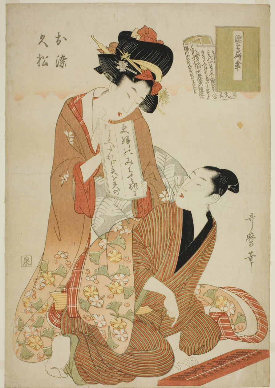 De joruri, Nure tsubame negura no karakasa, uit de serie Joruri libretti (Joruri-bon) (Nure tsubame negura no karakasa, Osome, Hisamatsu) door Kitagawa Utamaro