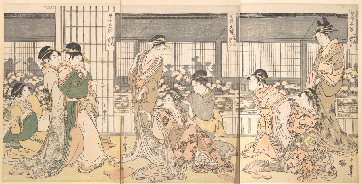 Drie dronken courtisanes, 1790s door Kitagawa Utamaro