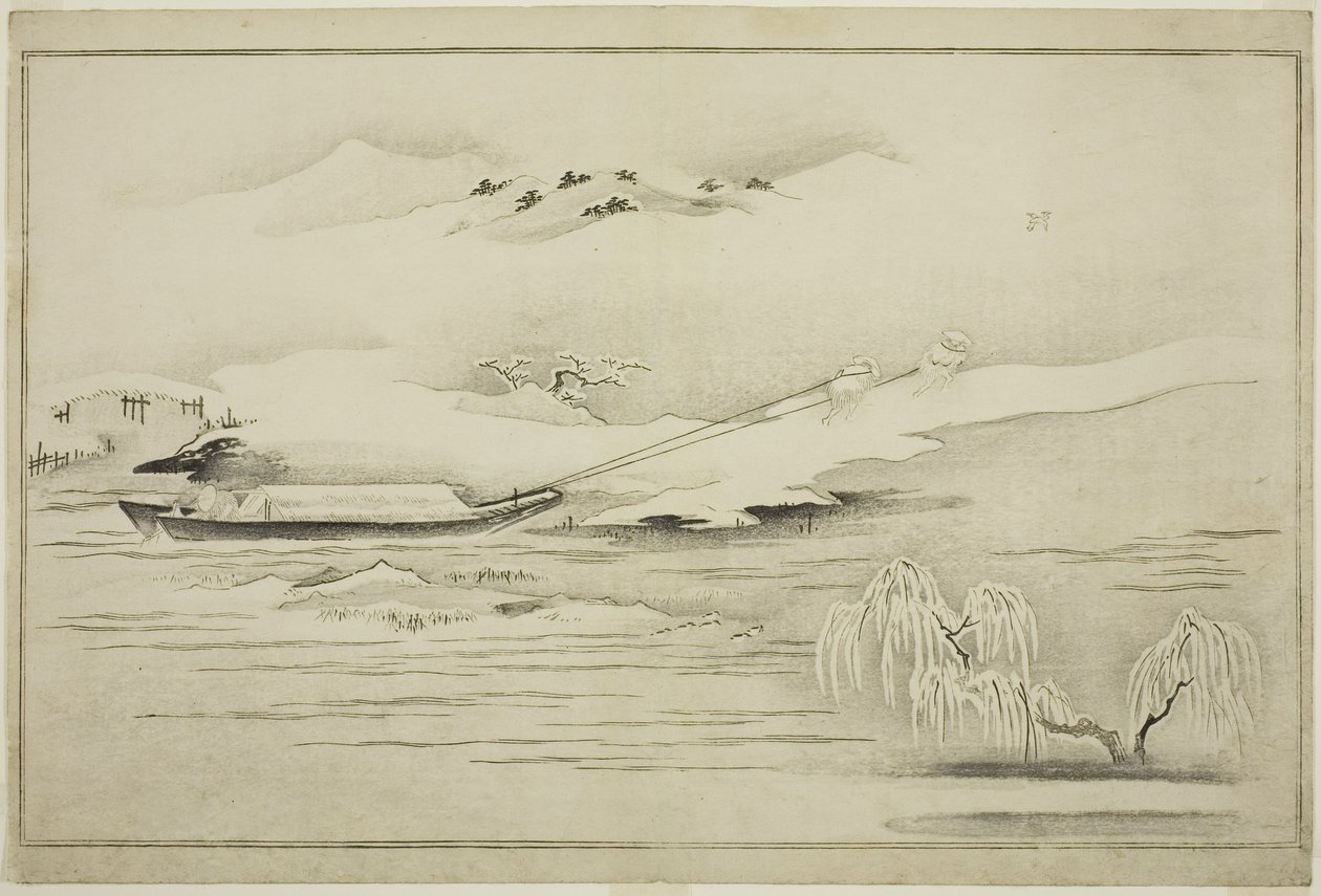 Een sleepboot in de sneeuw, uit het album De Zilveren Wereld, 1790 door Kitagawa Utamaro