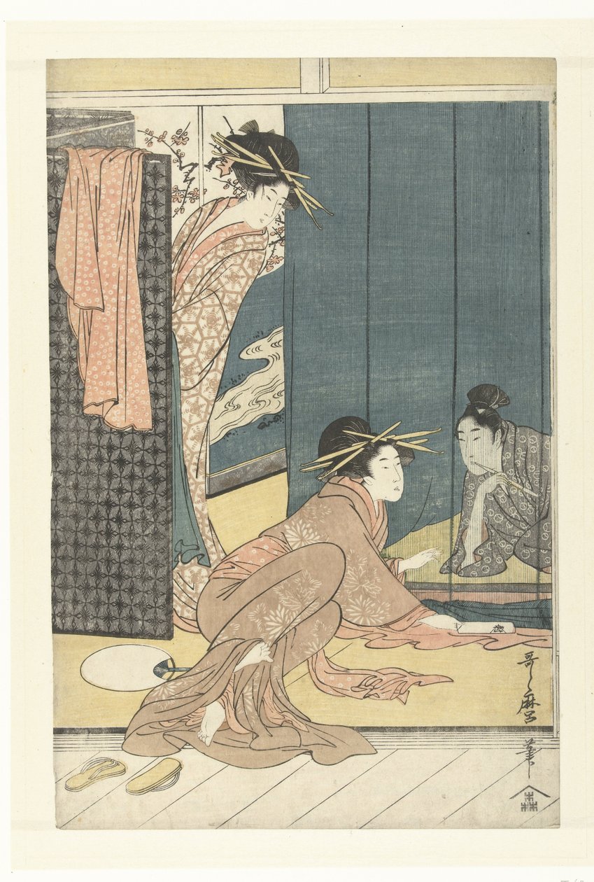 Twee courtisanes en een jongeman onder een muskietennet door Kitagawa Utamaro