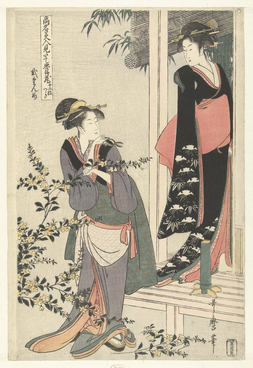 Twee vrouwen bij een bloeiende yamabuki struik: de tweede akte door Kitagawa Utamaro