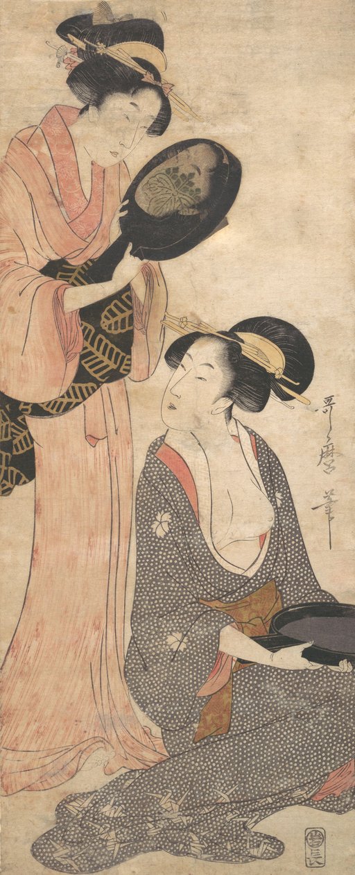 Twee Dames, Elk met een Deel van een Gelakte Spiegel, 1790s door Kitagawa Utamaro
