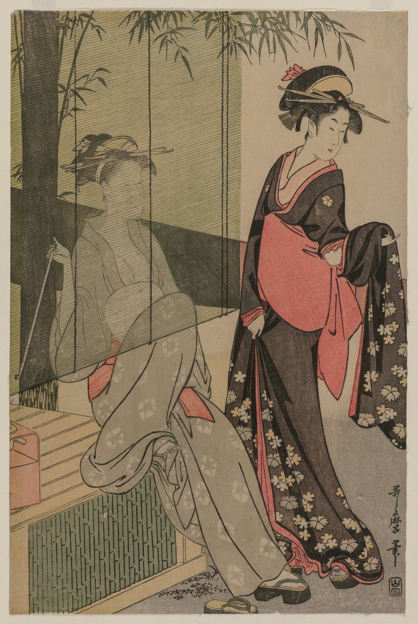 Twee vrouwen bij een bamboegordijn door Kitagawa Utamaro