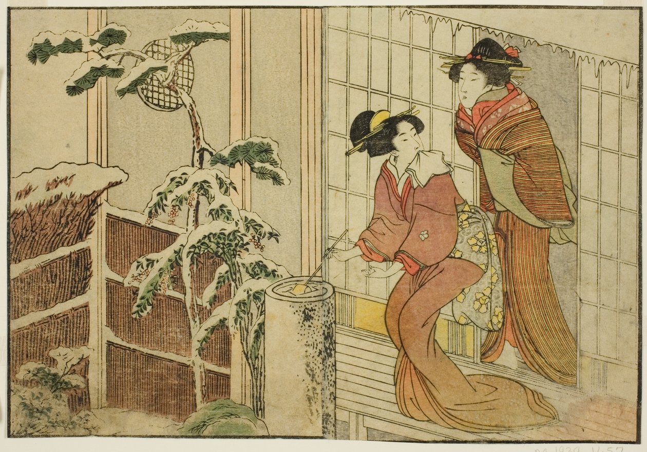 Twee vrouwen op veranda op een sneeuwachtige ochtend, uit het geïllustreerde boek "Prentenboek: Bloemen van de vier seizoenen (Ehon shiki no hana)," deel 2 door Kitagawa Utamaro