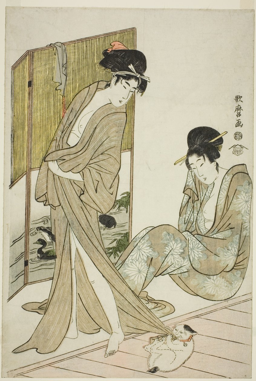 Twee jonge vrouwen na een bad door Kitagawa Utamaro