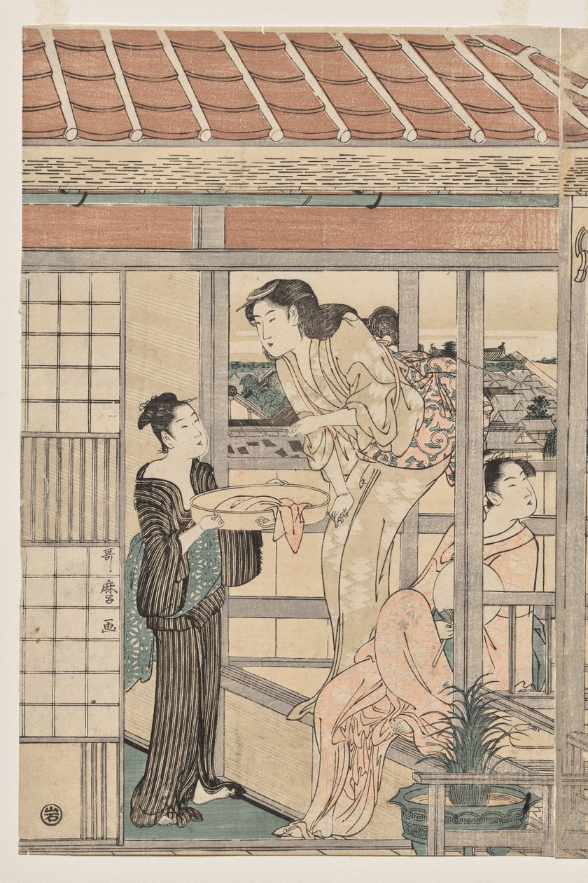 Vrouwen die Wasgoed Ophangen om te Drogen op een Balkon door Kitagawa Utamaro