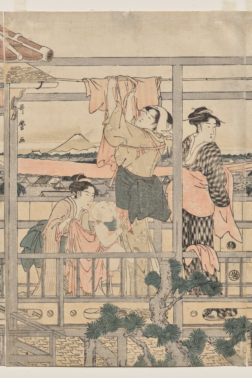 Vrouwen die was ophangen op een balkon door Kitagawa Utamaro