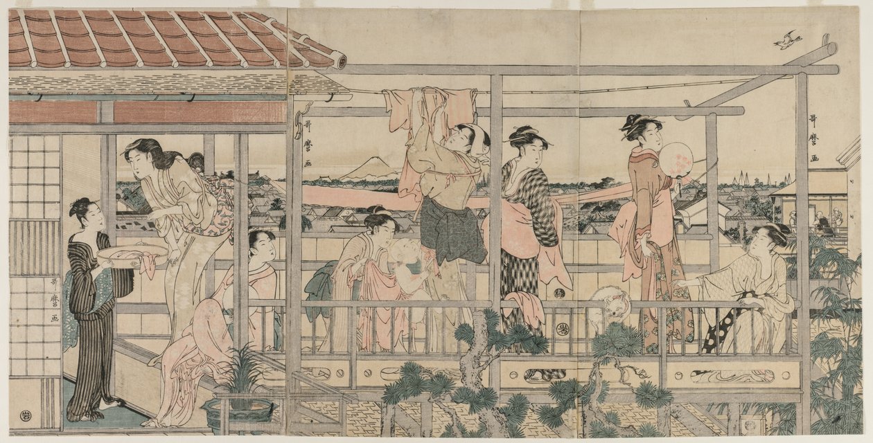 Vrouwen hangen wasgoed te drogen op een balkon door Kitagawa Utamaro