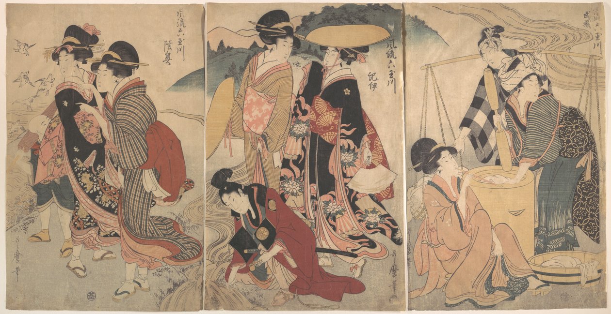 Vrouwen en een man op het platteland; een of andere optocht(?) door Kitagawa Utamaro