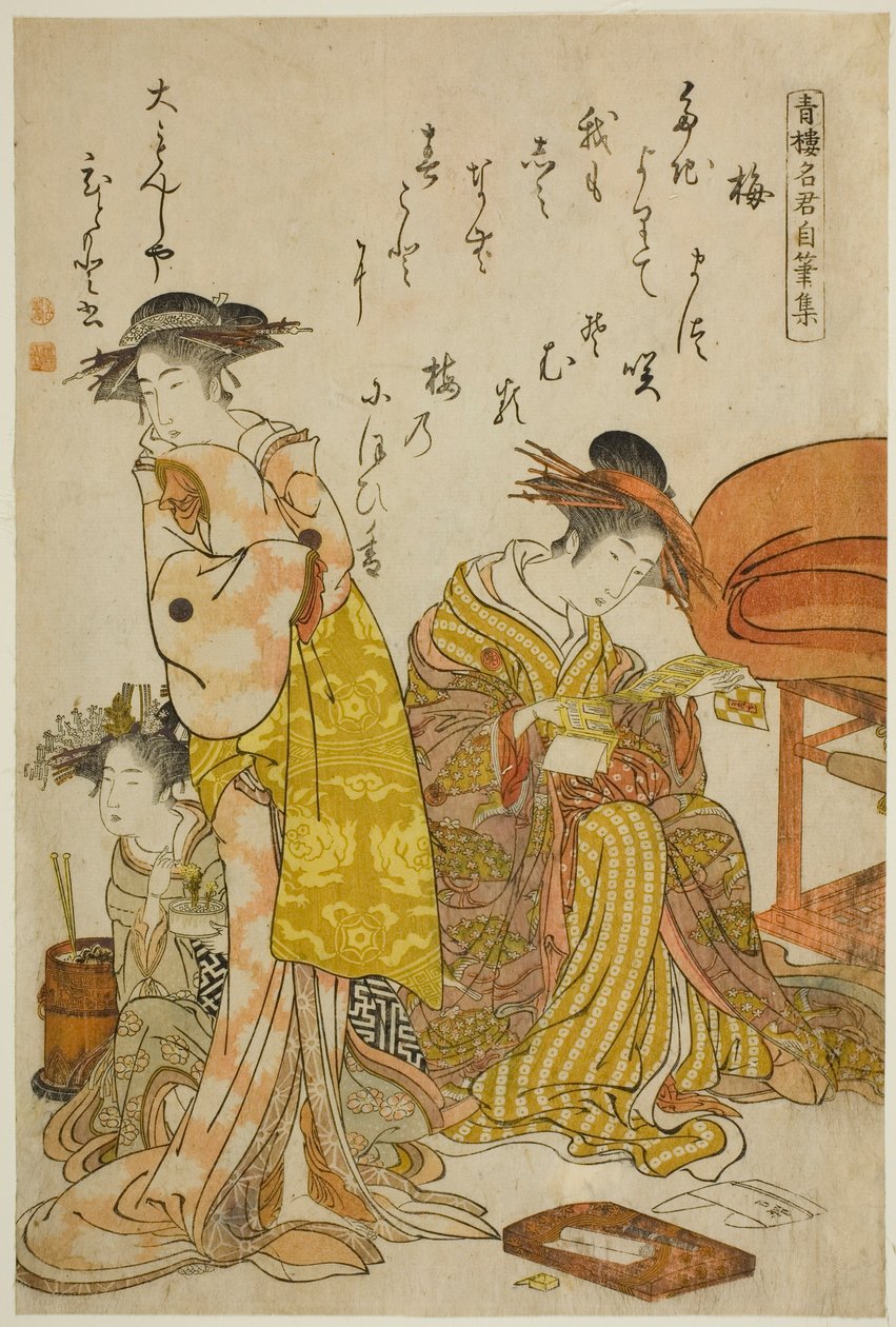 De courtisane Hitomoto van de Daimonjiya, uit het album "Vergelijking van nieuwe schoonheden van de Yoshiwara - Een spiegel van hun eigen geschriften (Keisei shin bijin awase jikihitsu kagami)" door Kitao Masanobu