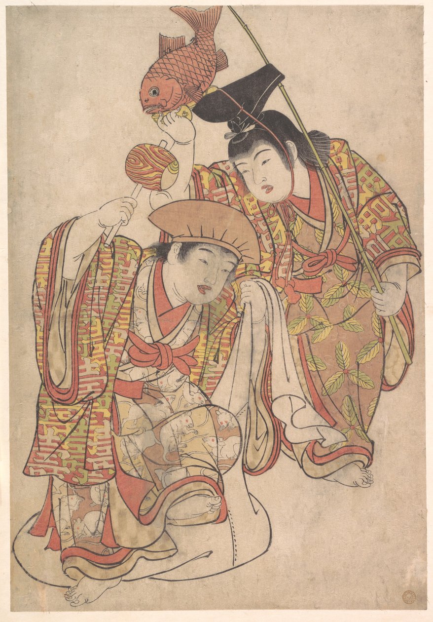 Jongens die zich verkleden als Daikoku en Ebisu door Kitao Shigemasa