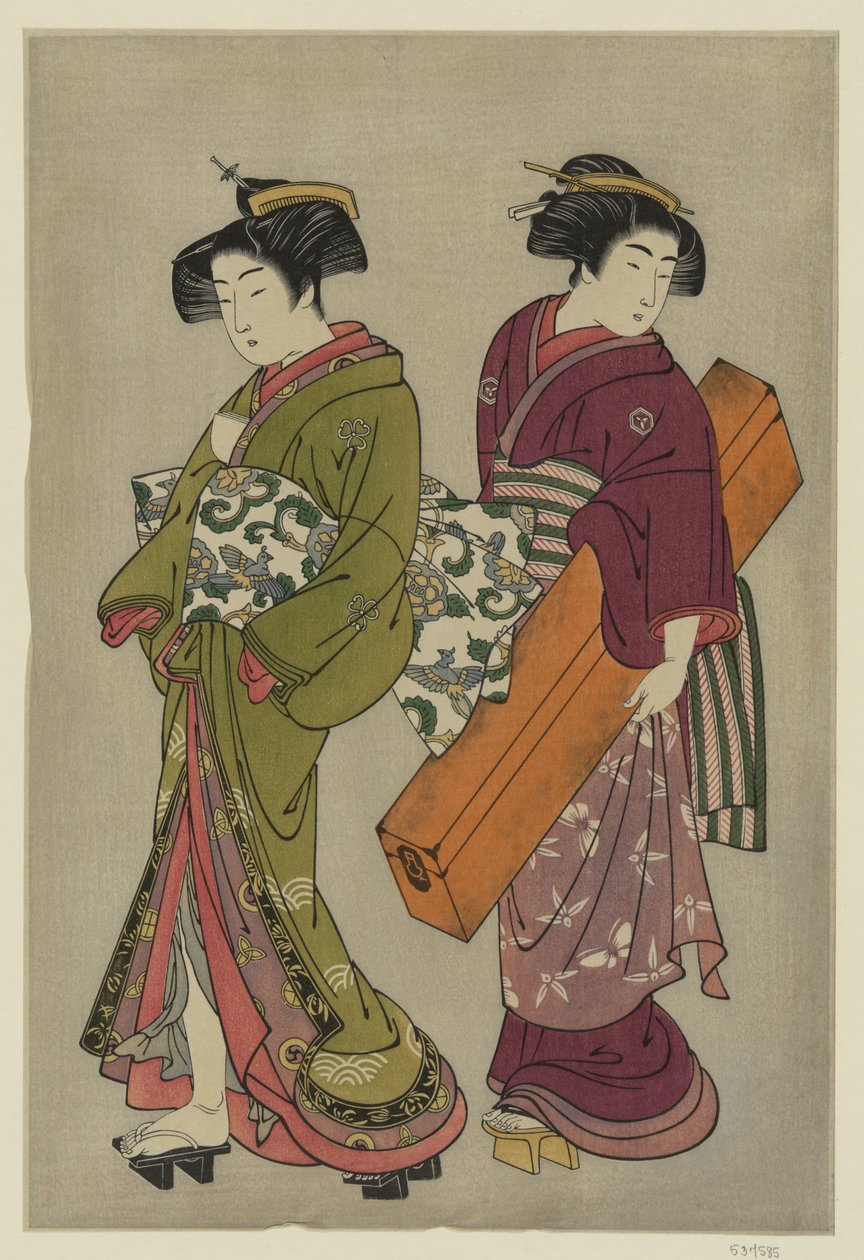 Kitao Shigemasa (1777) Geisha en een bediende die haar shamisen-doos draagt door Kitao Shigemasa