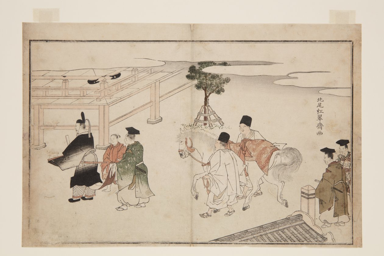 Nieuwjaarspresentatie van een wit paard door Kitao Shigemasa