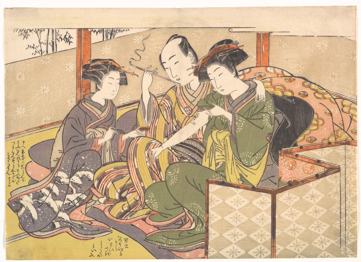 Dienstmeid die medicijn op de arm van een geisha aanbrengt door Kitao Shigemasa