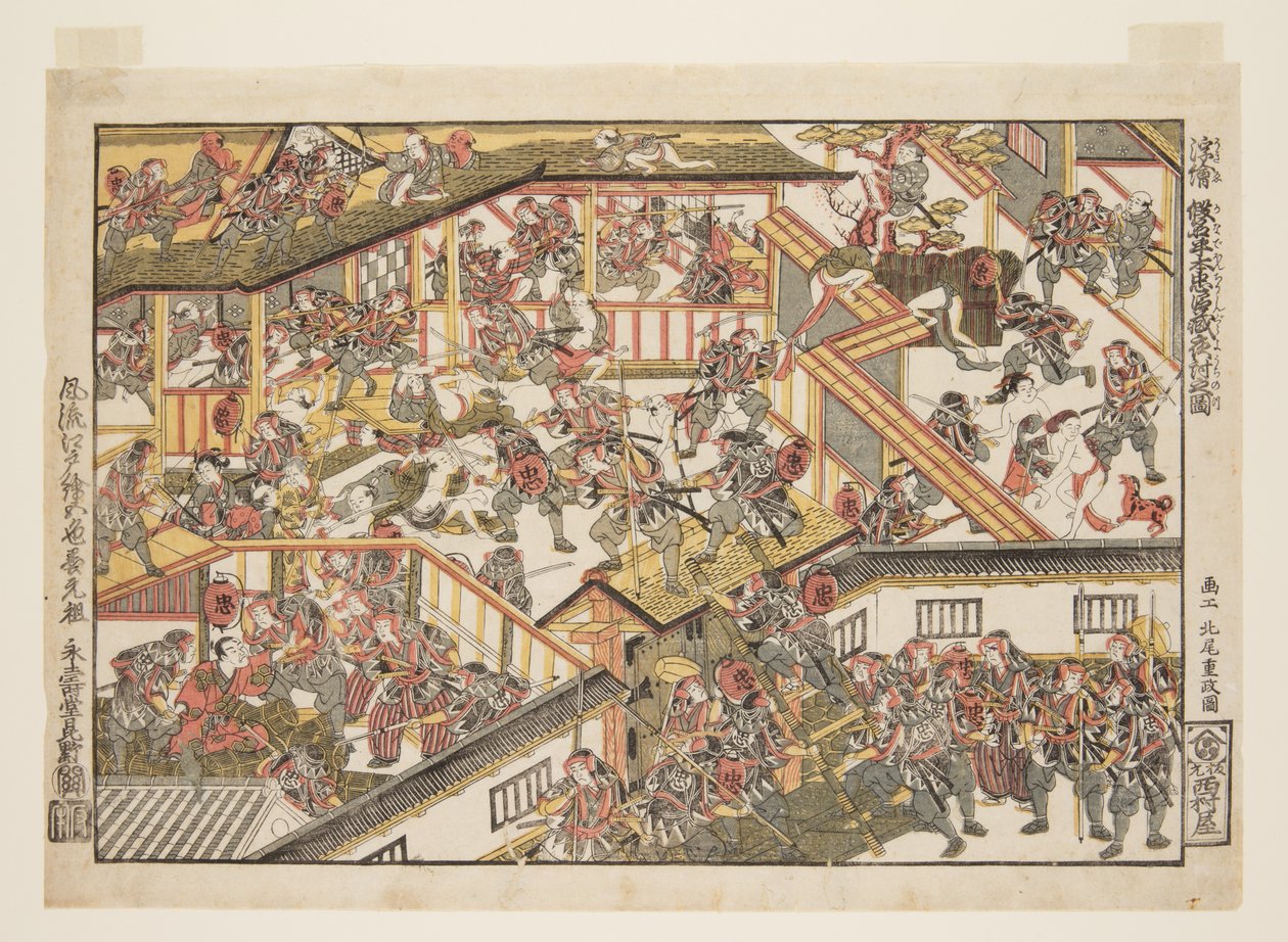 De nachtelijke aanval vanuit het pakhuis van loyaliteit, nieuwe perspectieven door Kitao Shigemasa