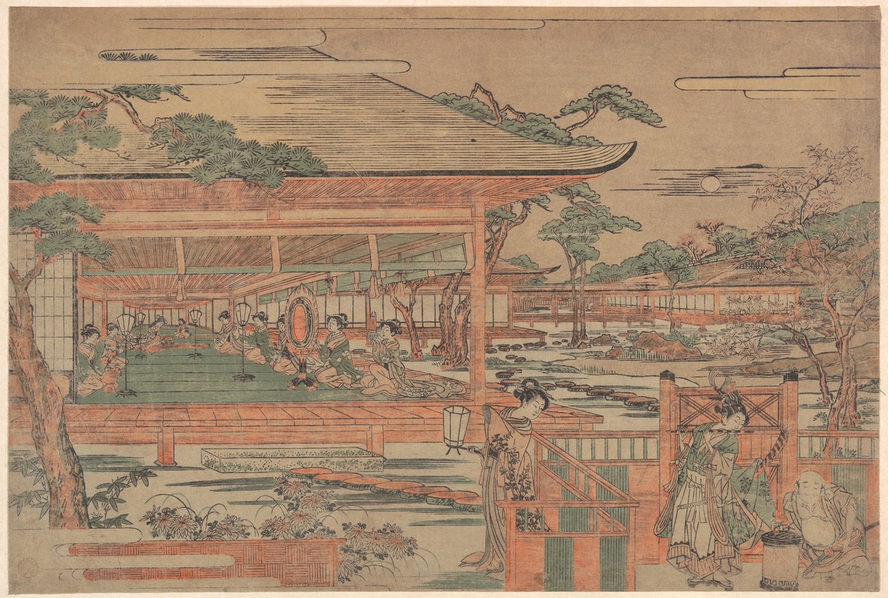 Ushiwaka, de jonge Yoshitsune, brengt Jorurihime een serenade door Kitao Shigemasa
