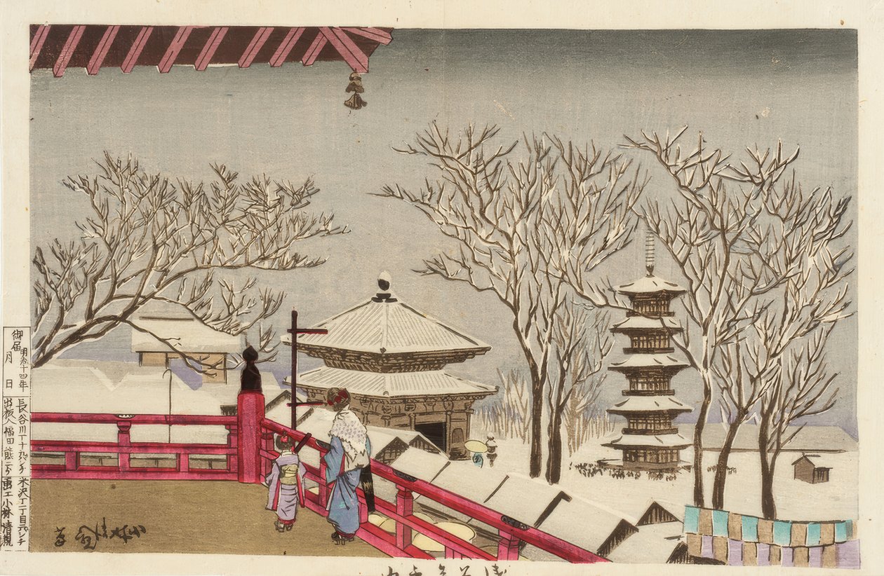 De Sensoji-tempel in de sneeuw door Kiyochika Kobayashi