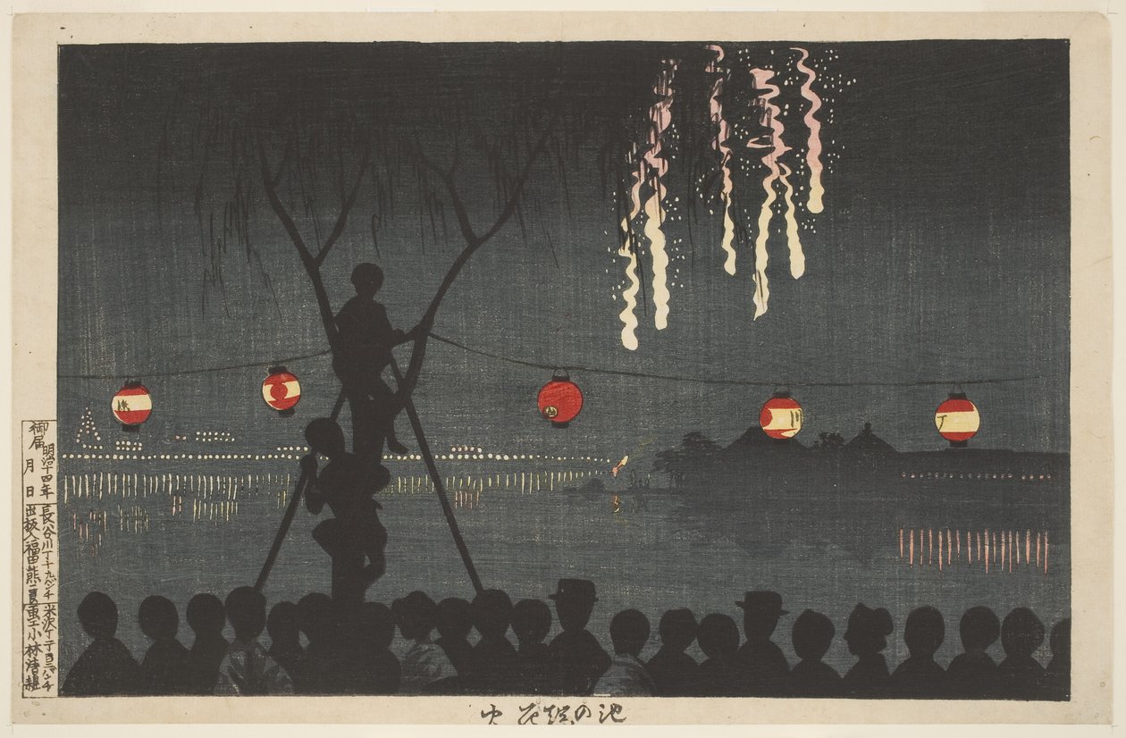 Vuurwerk bij Ikenohata (langs de Sumida-rivier, Tokio) door Kiyochika Kobayashi