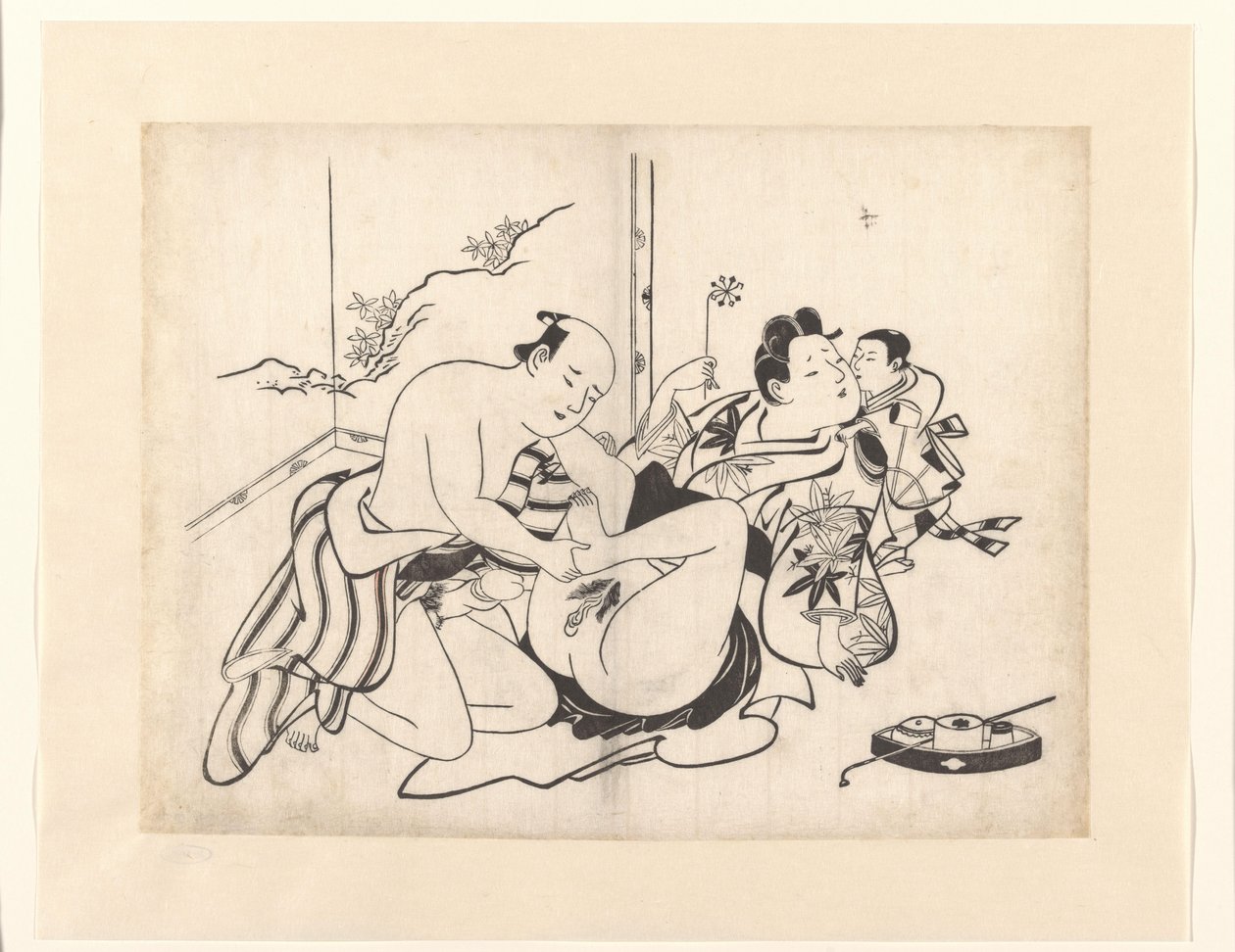 Erotische voorstelling met rookgerei en kamerscherm door Kiyonobu (I) , Torii
