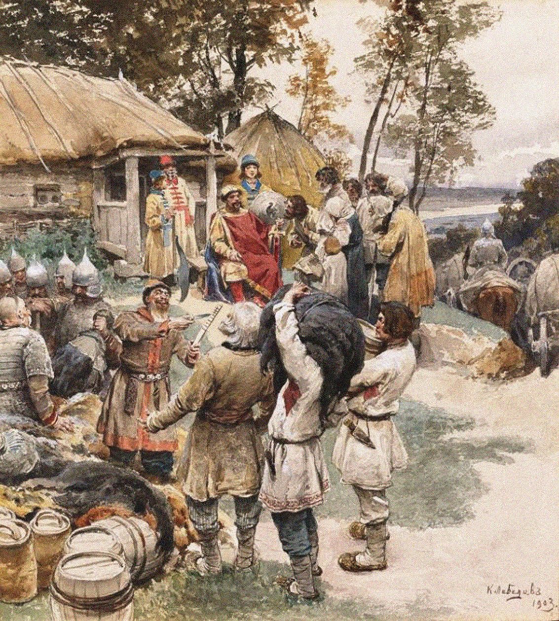 Poliudie belastinginning. Igor van Kiev eist belasting van de Drevlyans, 1903 door Klavdiy Vasilievich Lebedev