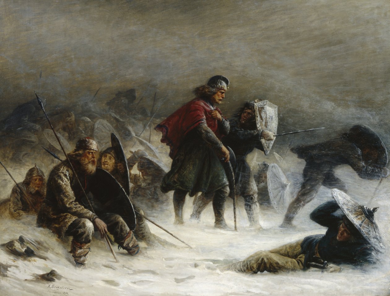 Koning Sverre in een sneeuwstorm in de Voss-bergen door Knud Bergslien