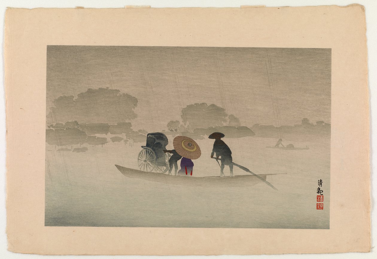 Takeya-veerboot bij Matsuchichiyama in de lenteregen, 1929 door Kobayashi Kiyochika