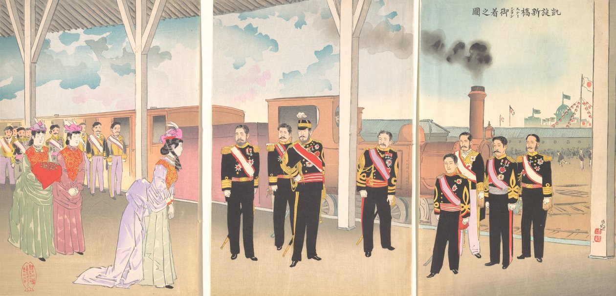 Illustratie van de aankomst van de keizer op Shinbashi Station na een overwinning Gaise..., 1895 door Kobayashi Kiyochika