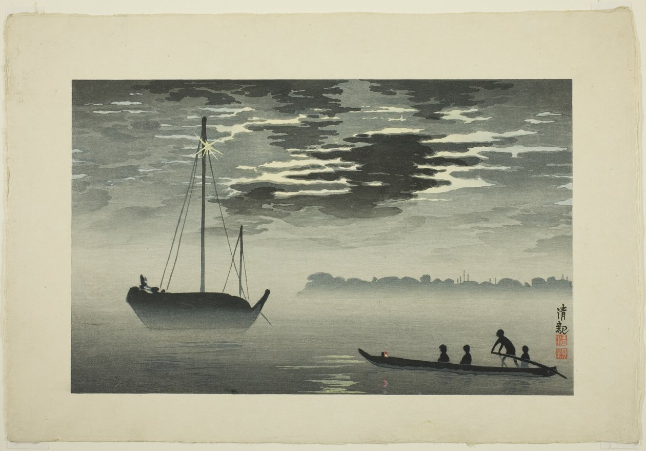 Maanlicht door de wolken aan de Haneda-kust door Kobayashi Kiyochika