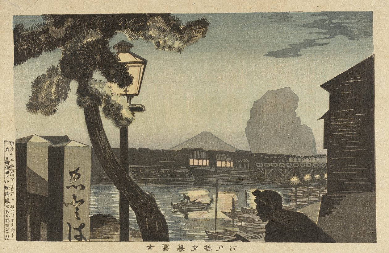De Fuji bij schemering vanaf de Edo-brug door Kobayashi Kiyochika