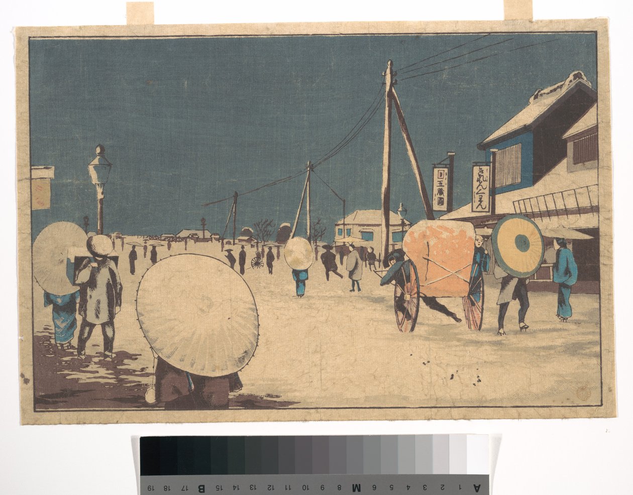 Straßenszene am Stadtrand von Edo an einem Winterabend door Kobayashi Kiyochika