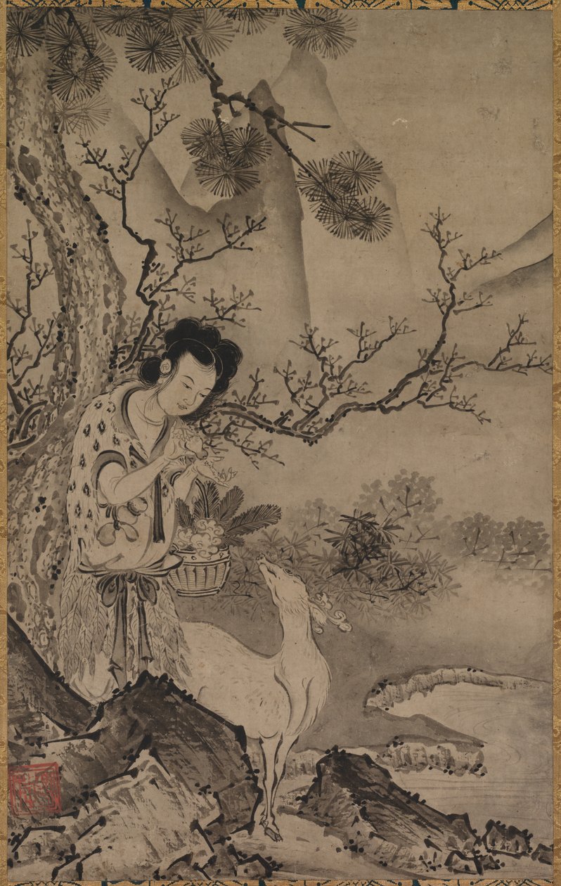 Vrouwelijke Daoïstische figuur in landschap door Koboku