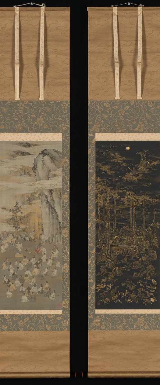 Het lokken van de zonnegodin Amaterasu uit een grot, de dood van de historische Boeddha door Kono Bairei