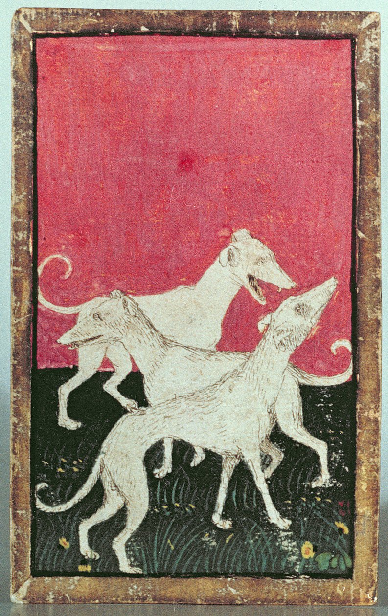 Drie jachthonden, een van een set speelkaarten met scènes van hoffelijke valkerij, Boven-Rijngebied, c.1440-45 door Konrad Witz