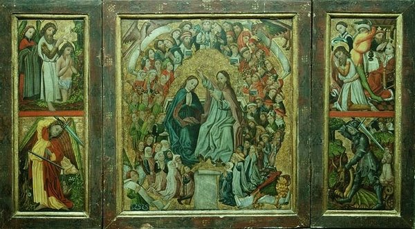 Kroning van de Maagd; Doop van Christus; Dood van St. Johannes de Doper; St. Joris die de draak doodt (drieluik) door Konrad von Friesach