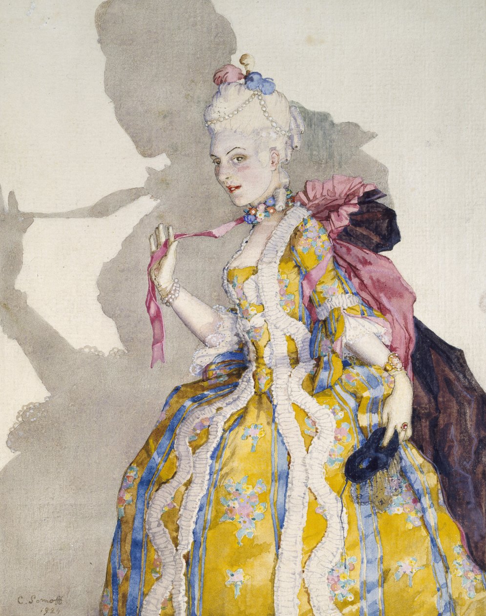 Ontwerp voor een kostuum van een markiezin voor de ballerina Tamara Karsavina, 1924 door Konstantin Andreevic Somov