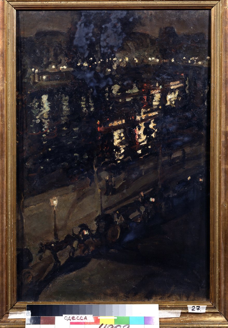 Parijs bij nacht. Uitzicht op de kades van de Seine, met een paardenkoets en stadslichten die weerspiegelen op het water. Schilderij van Konstantin Alexeyevich Korovin (1861-1939), Russische kunst door Konstantin Alekseevich Korovin